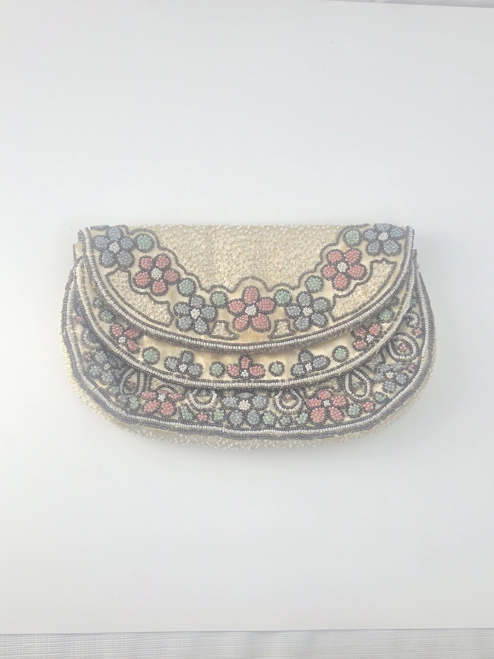 Estate Antique 1920 French Flower  Beaded Silk Floral Evening Clutch Bag
